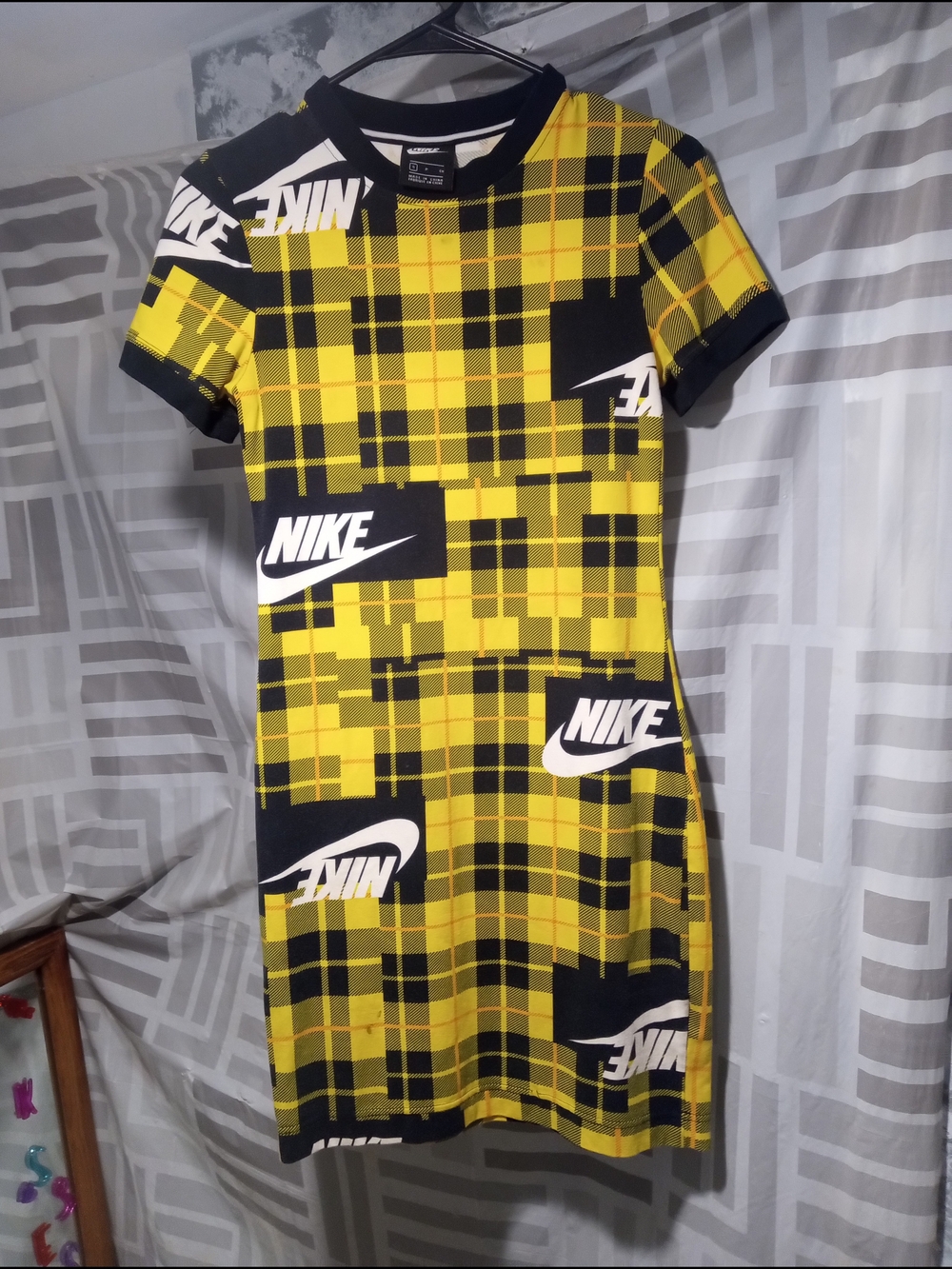 Nike Yellow and Black Plaid Logo Mini Dress